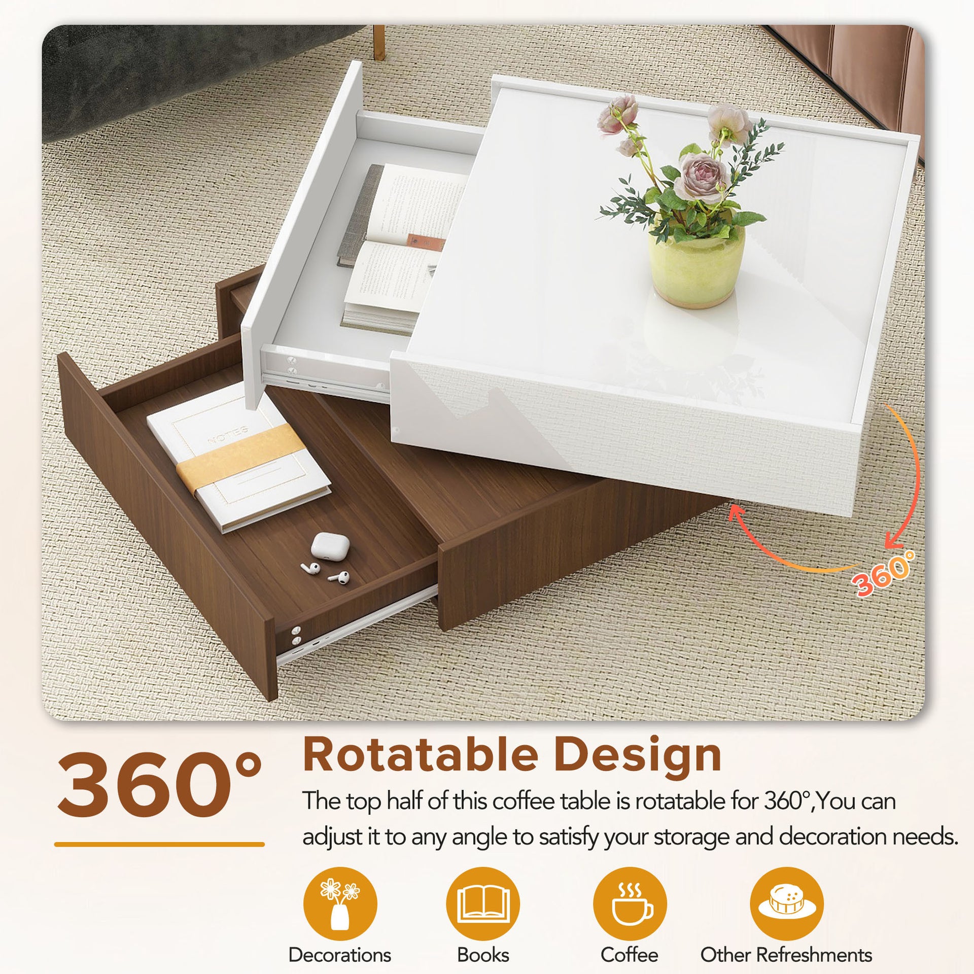 Multi-functional Square 360°Rotating High Gloss Coffee Table with 2 Drawers, White