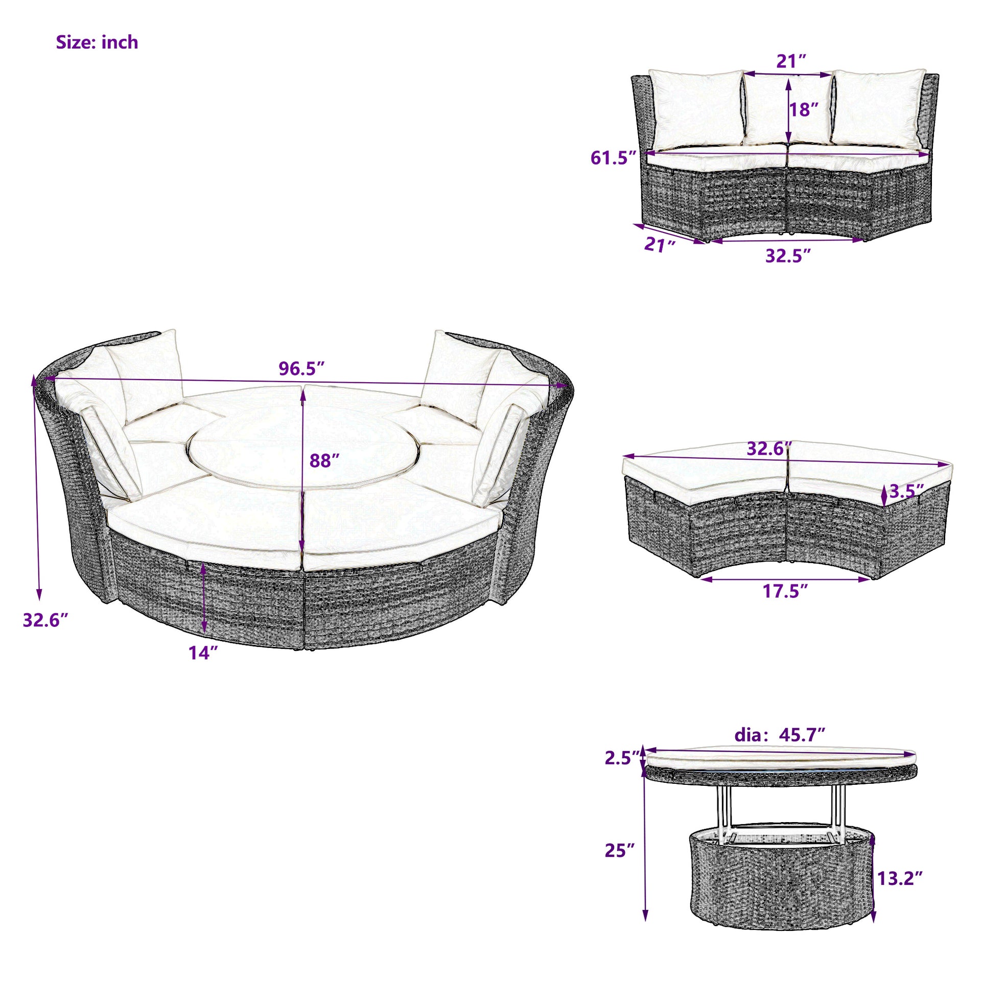 5-Piece Round Rattan Sectional Daybed with Liftable Table