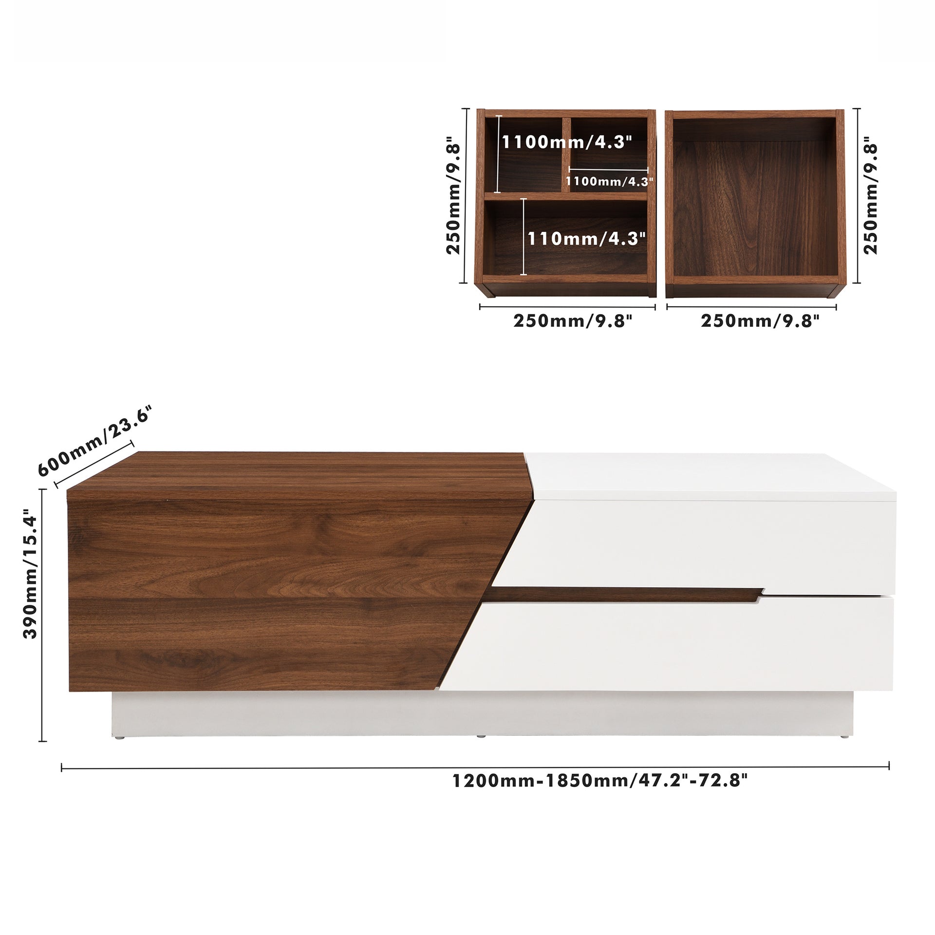 Modern Sliding Top Coffee Table with Storage in White and Walnut