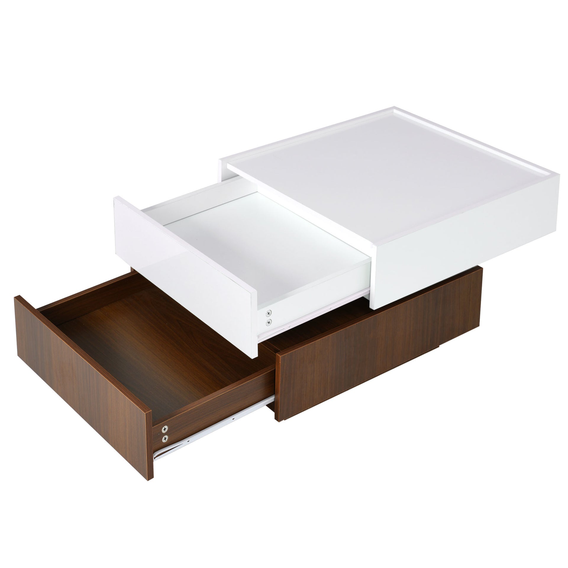 Multi-functional Square 360°Rotating High Gloss Coffee Table with 2 Drawers, White