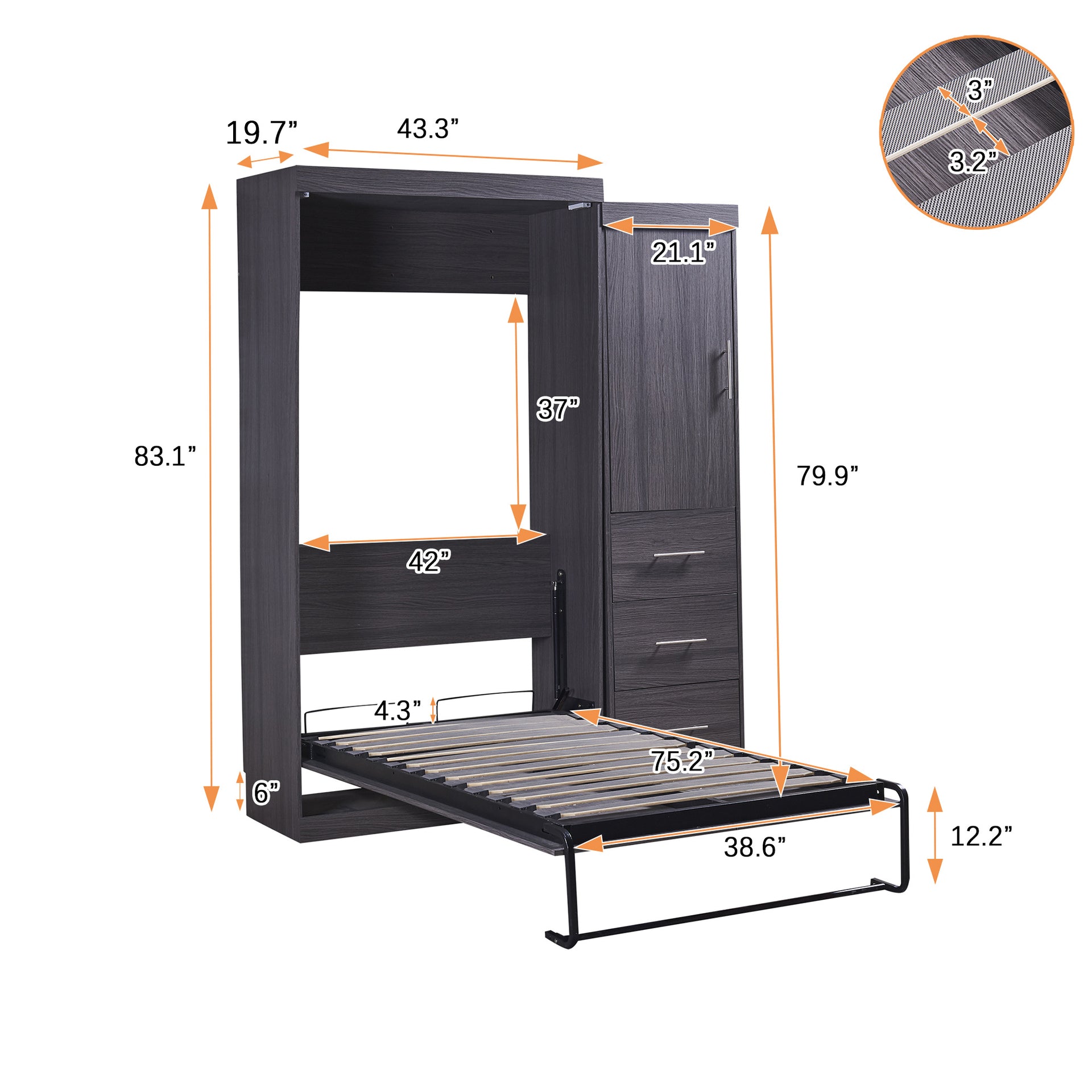 Twin Size Murphy Bed with Wardrobe and Drawers