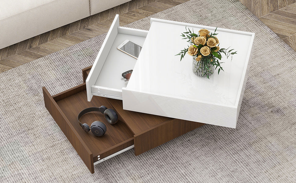 Multi-functional Square 360°Rotating High Gloss Coffee Table with 2 Drawers, White