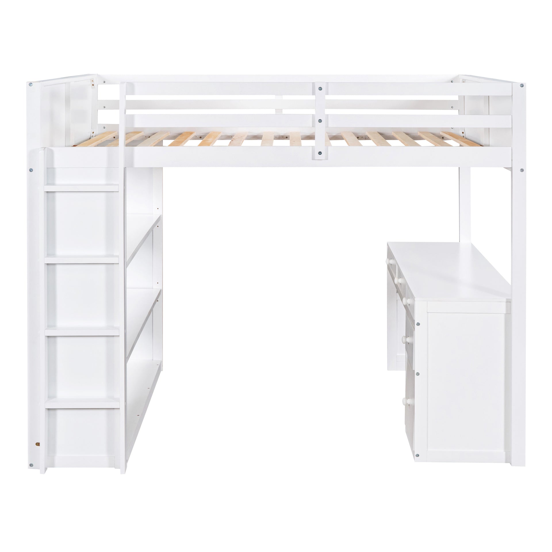 Full Size Loft Bed with Ladder, Shelves, and Desk