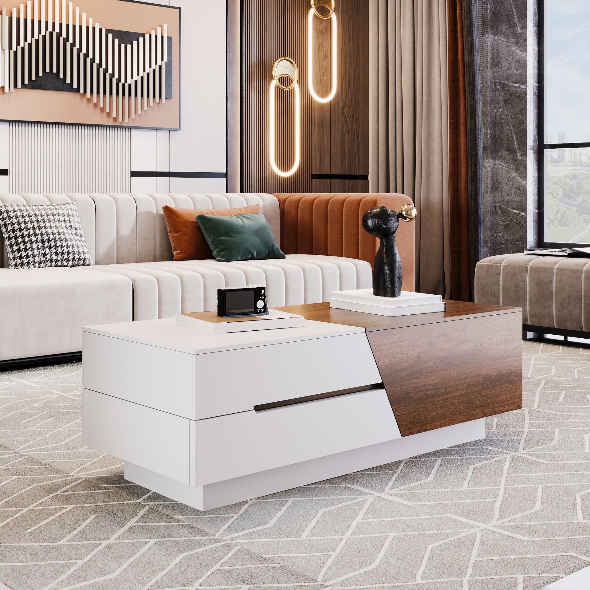 Modern Sliding Top Coffee Table with Storage in White and Walnut