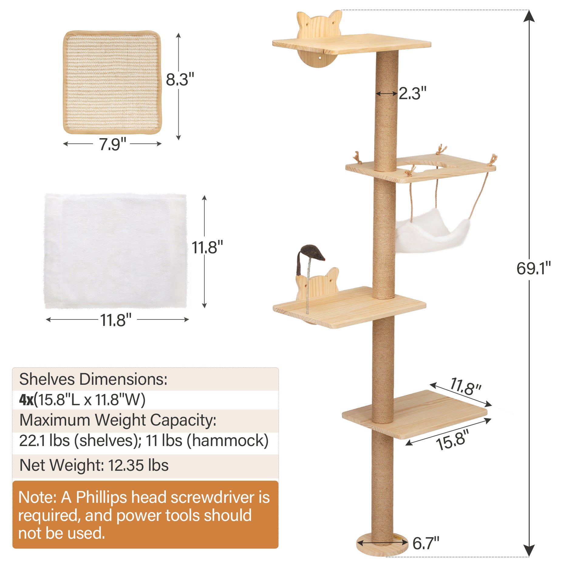 Wall-Mounted Cat Scratching Pole with Perches