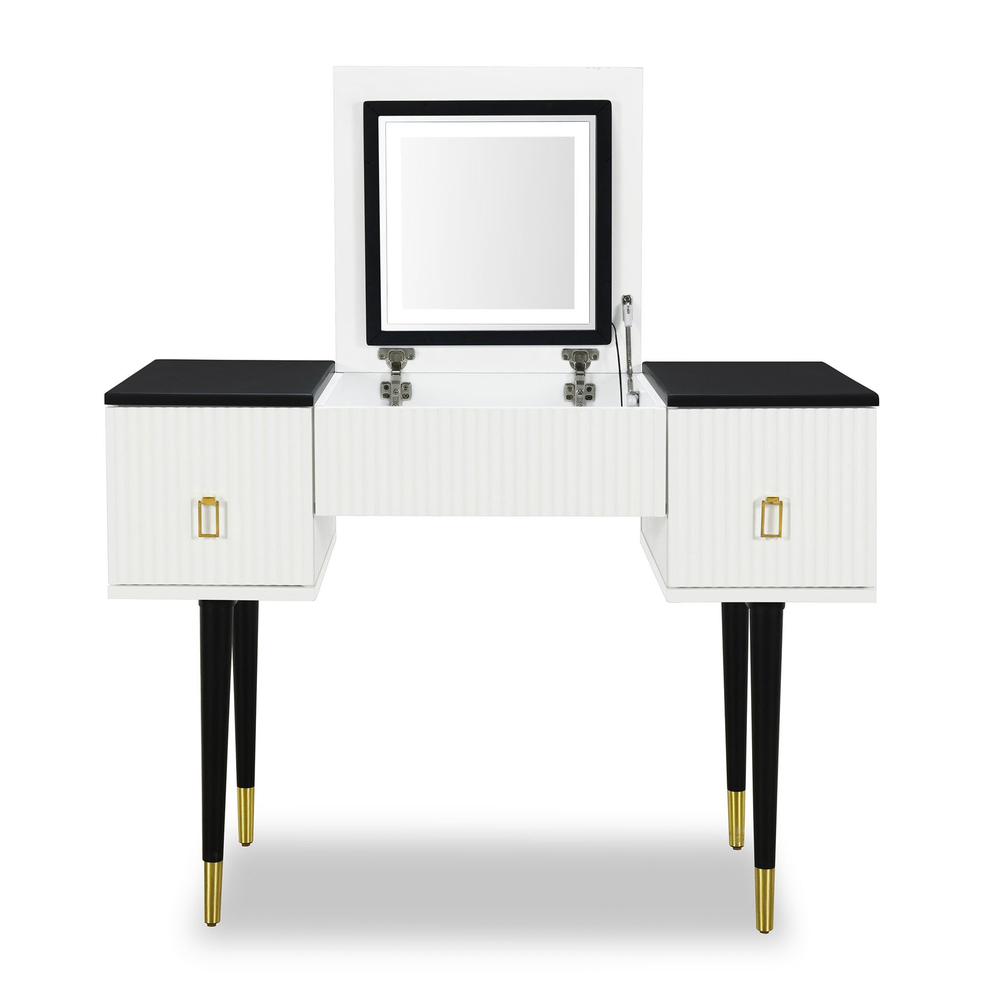 Modern Vanity Dressing Table with Flip-top Mirror and LED Light, White and Black