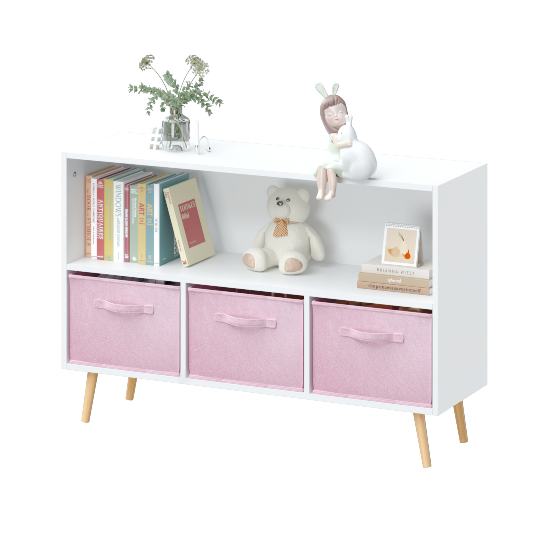 Kids Bookcase Toy Storage with Fabric Drawers, White/Pink