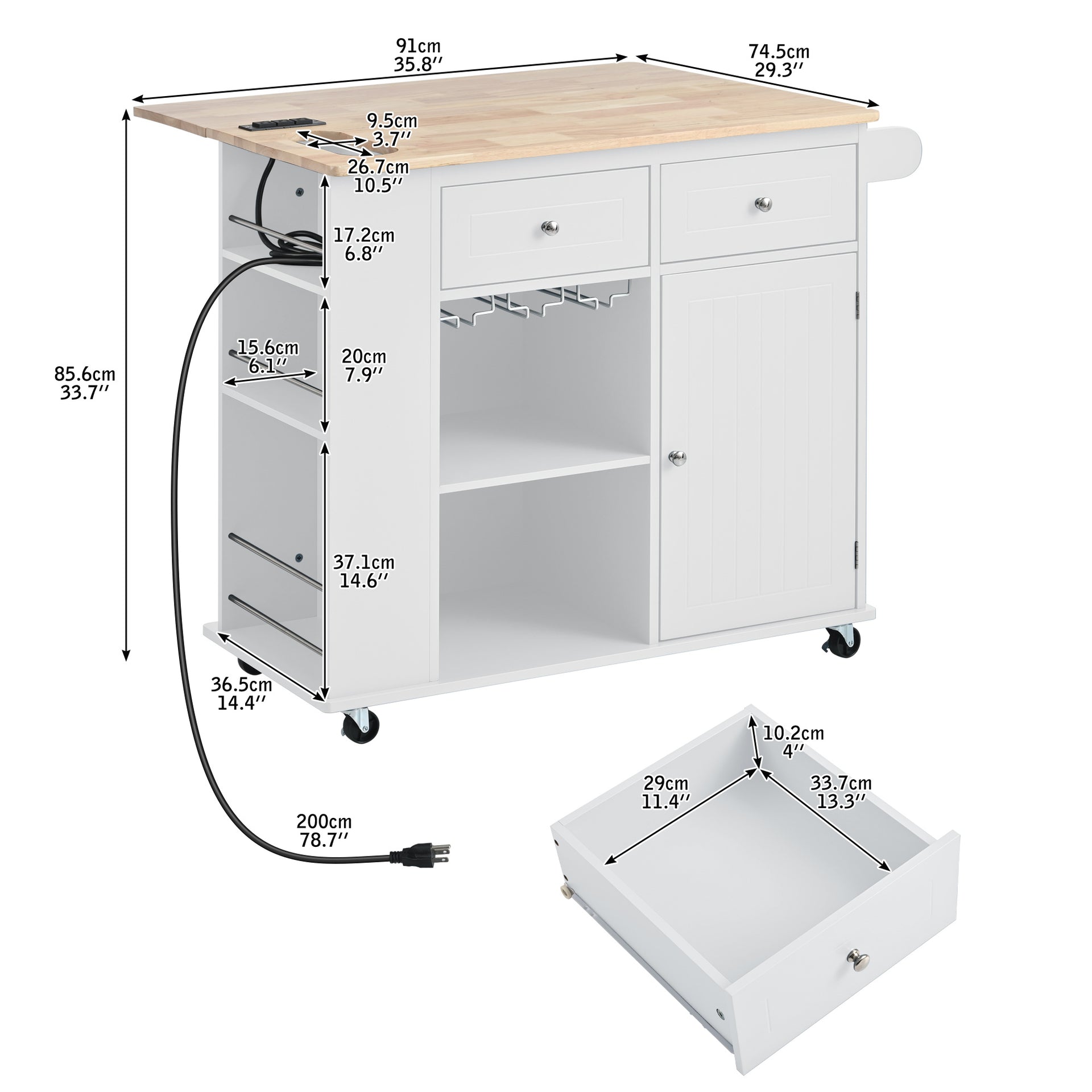 Kitchen Island Table with Storage and Power Outlet