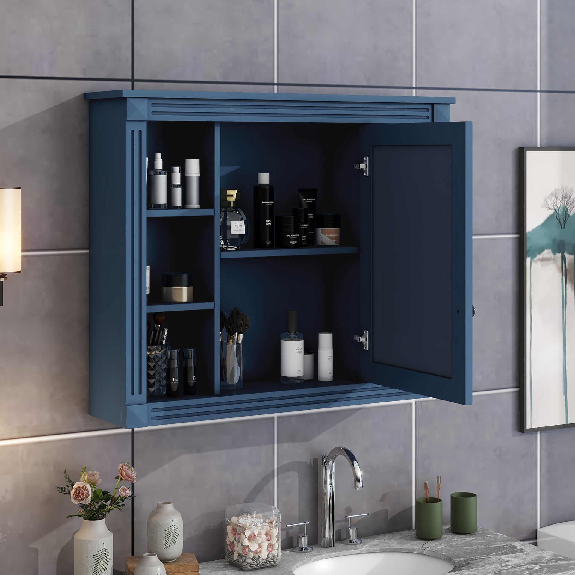 Royal Blue Wall Mounted Bathroom Storage Cabinet with Mirror