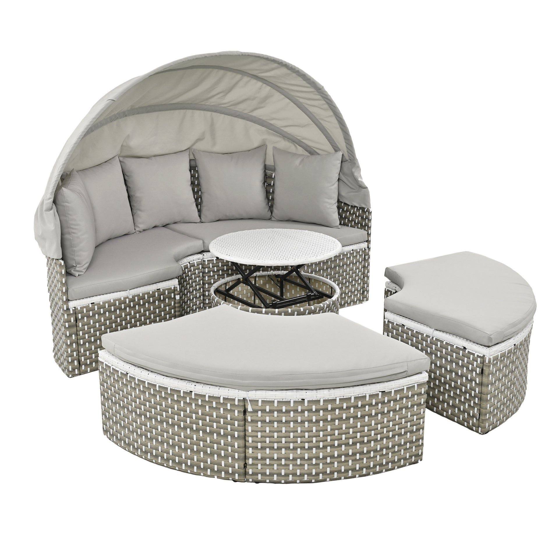 Round Sectional Rattan Daybed with Table and Canopy