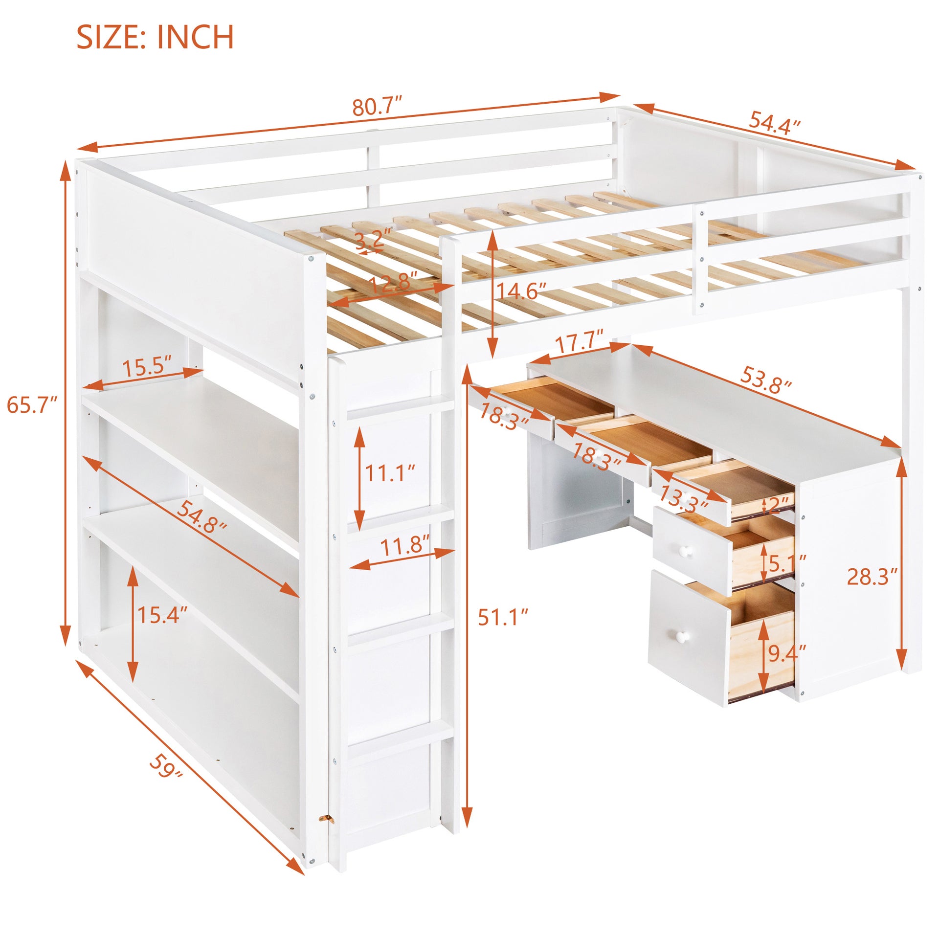 Full Size Loft Bed with Ladder, Shelves, and Desk