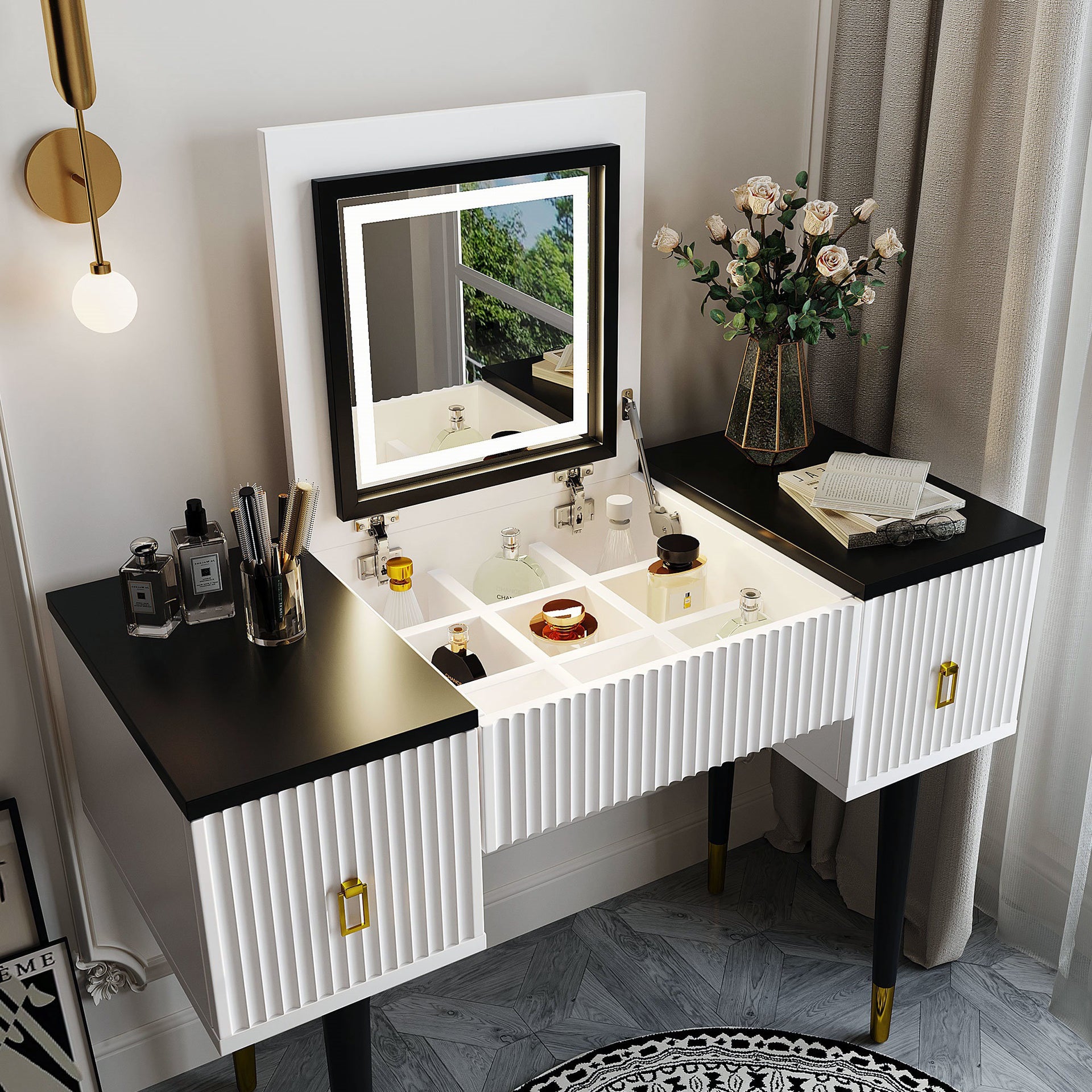 Modern Vanity Dressing Table with Flip-top Mirror and LED Light, White and Black