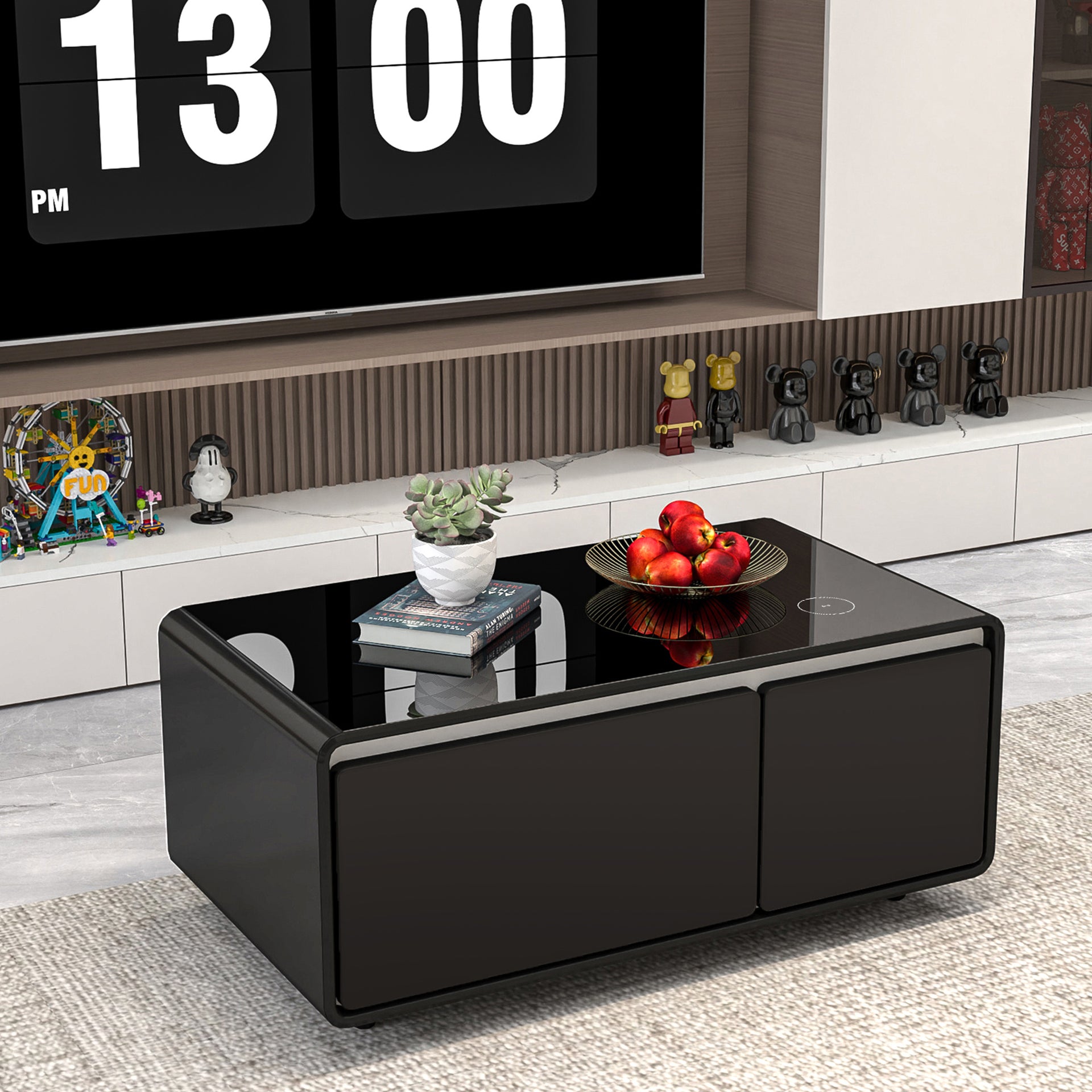 Modern Smart Coffee Table with Built-in Fridge and Wireless Charging, Black