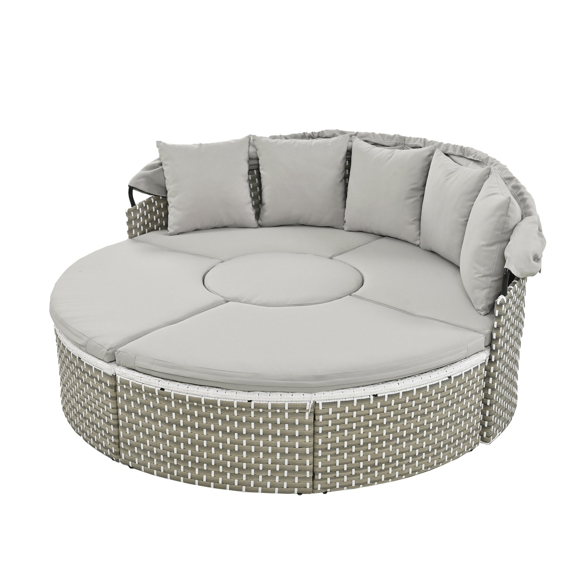 Round Sectional Rattan Daybed with Table and Canopy