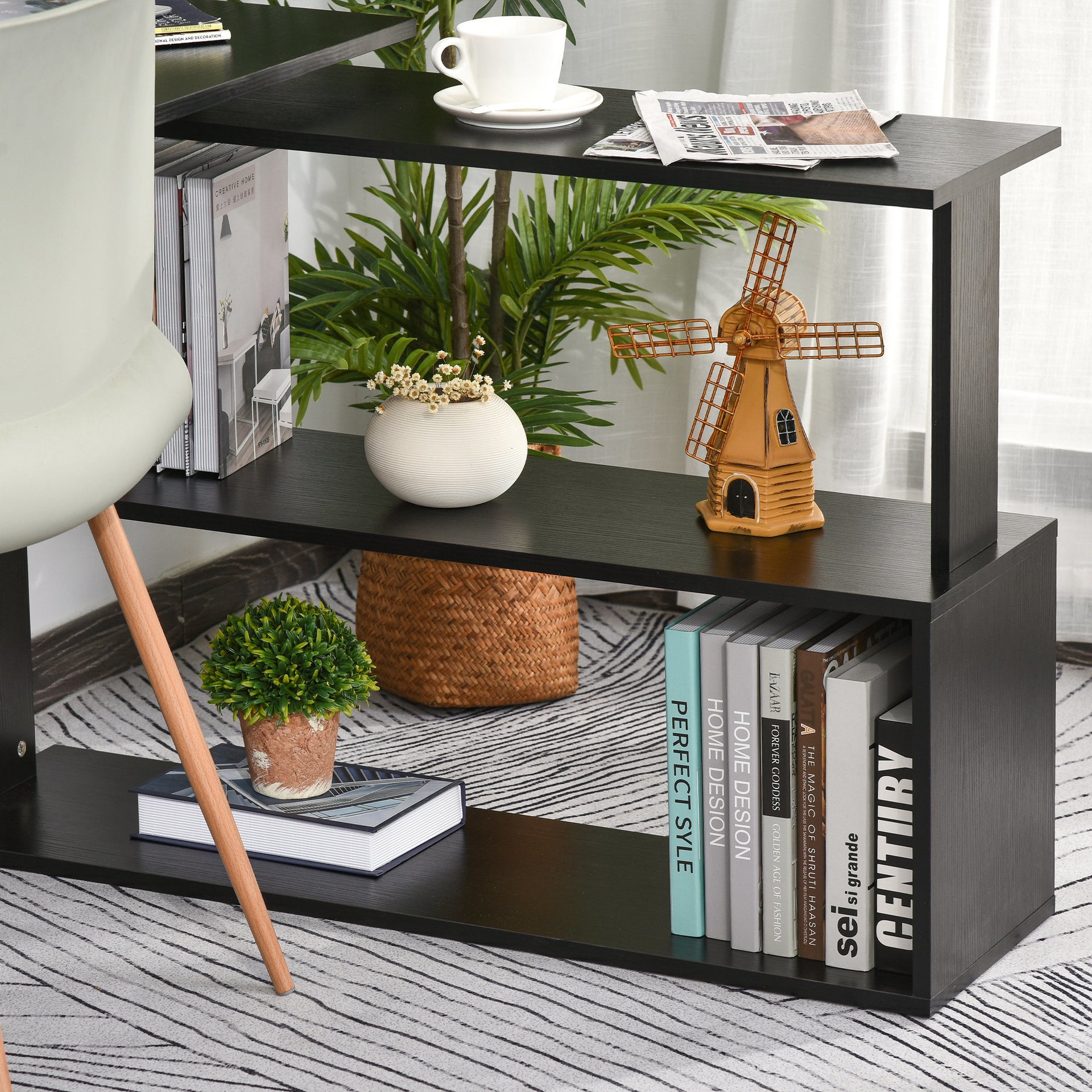 360 Degree Rotating L Shaped Corner Desk Home Office with Storage Shelves, Black