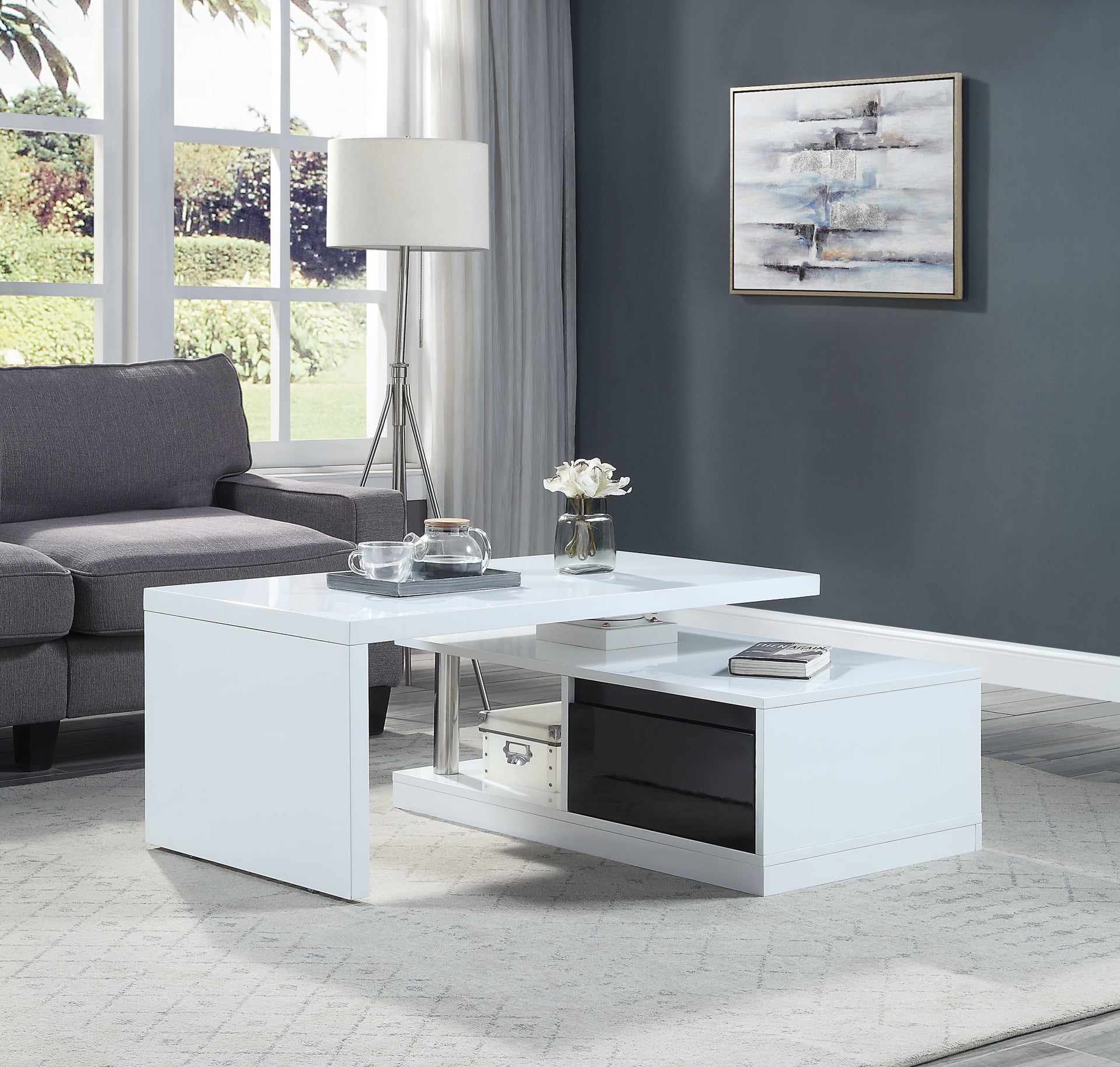 Coffee Table w/Swivel Top in White & Black High Gloss Finish LV00997