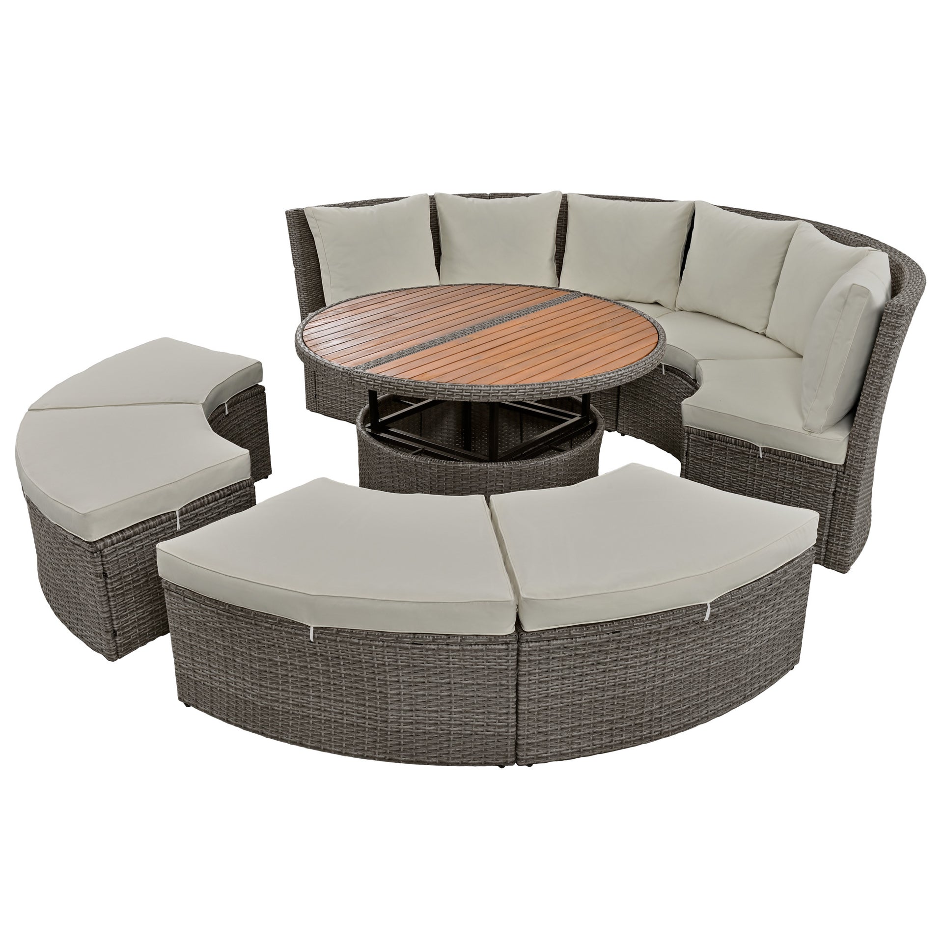 5-Piece Round Rattan Sectional Daybed with Liftable Table