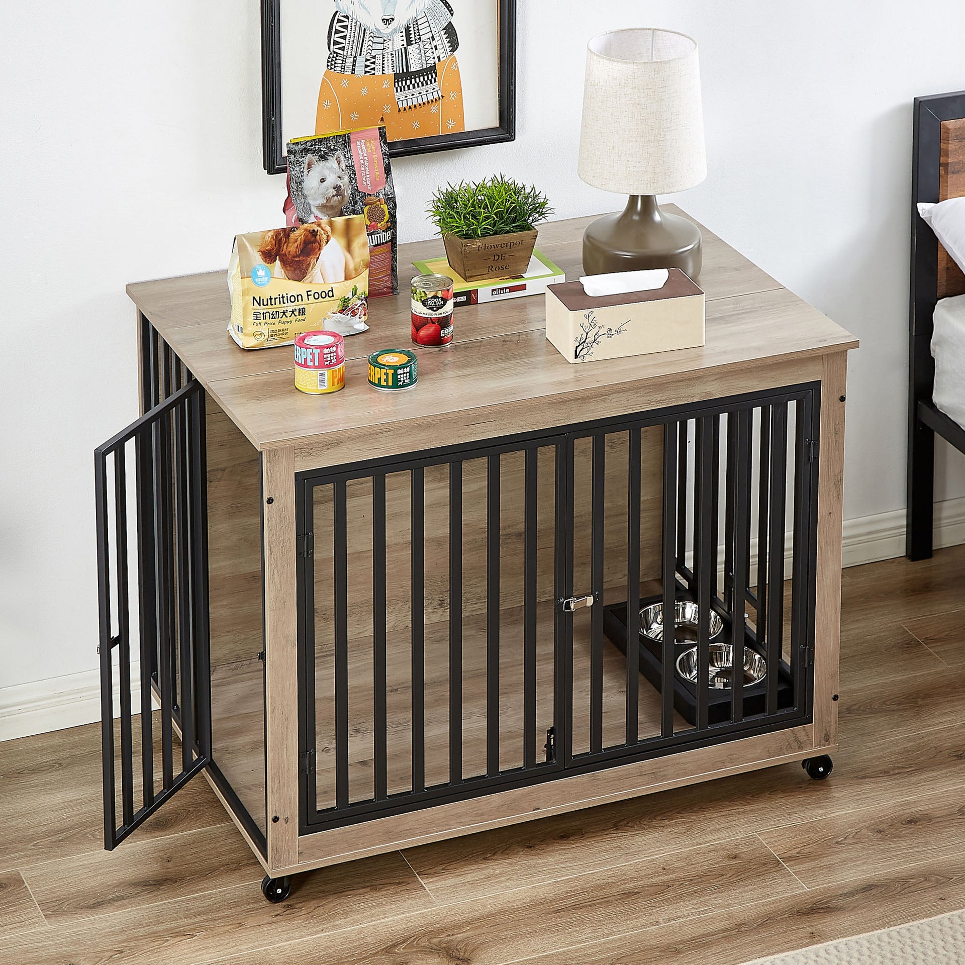 Dog Crate Side Table With Feeding Bowl, Three Doors and Flip-Up Top Opening