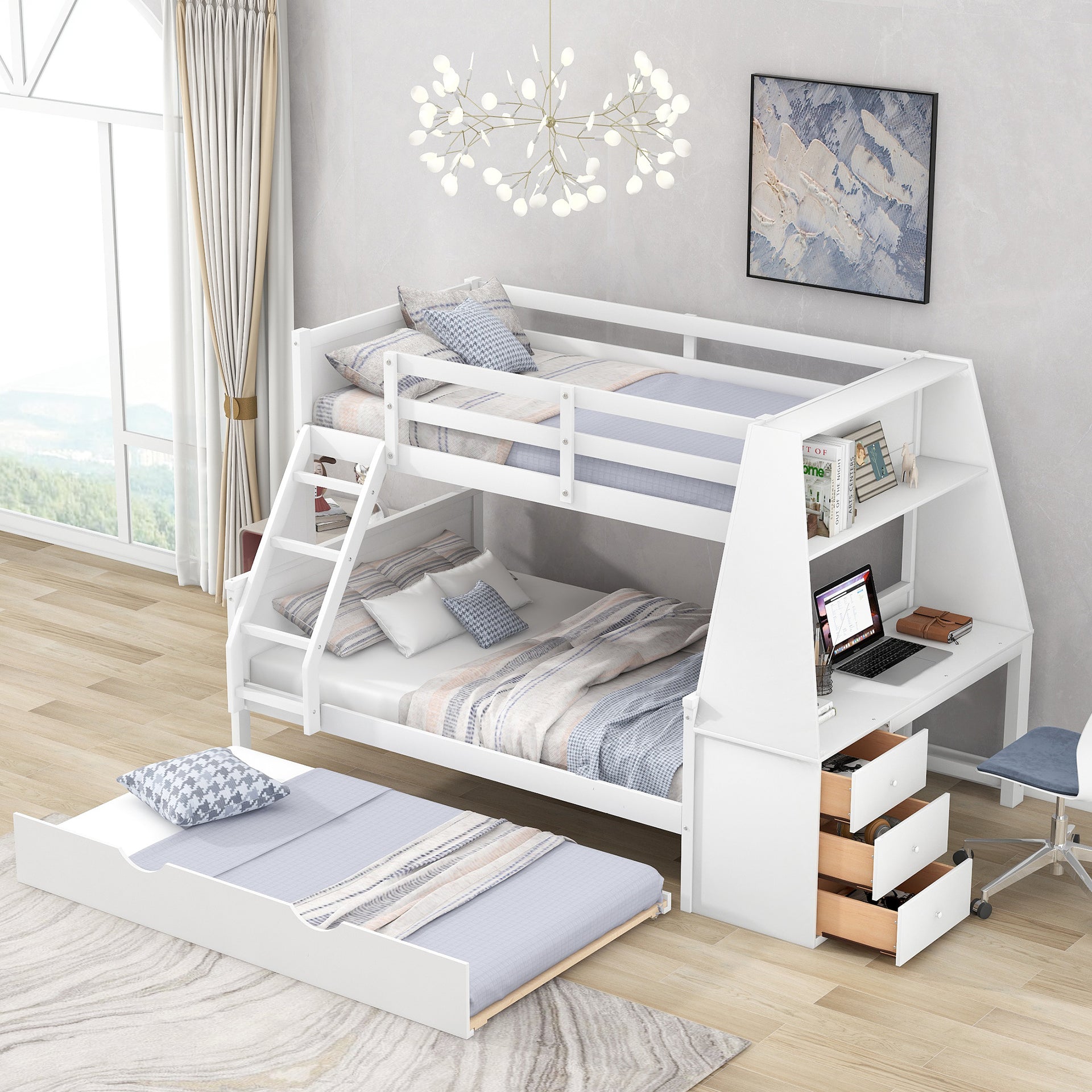 Twin over Full Bunk Bed with Built-in Desk And Trundle