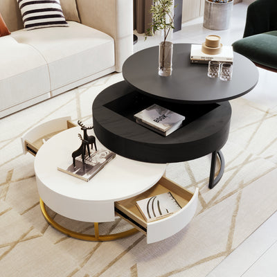 Modern Round Lift-top Nesting Coffee Tables with 2 Drawers White and Black