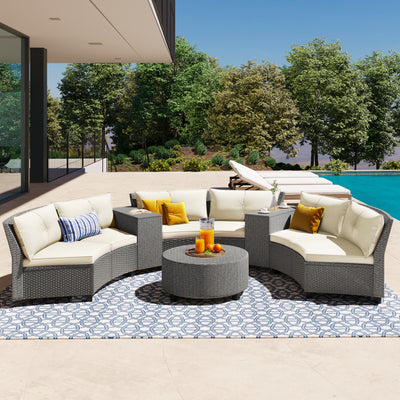 Fan-shaped Rattan Garden Suit with Cushions and Table