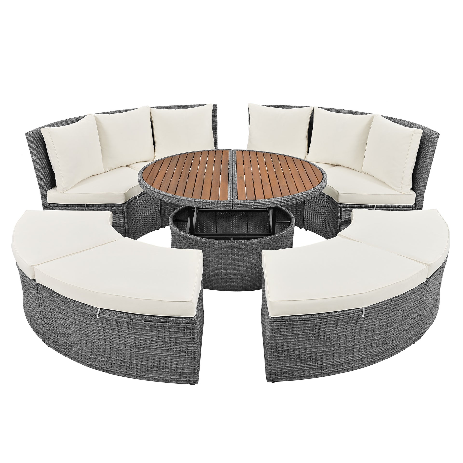 5-Piece Round Rattan Sectional Daybed with Liftable Table