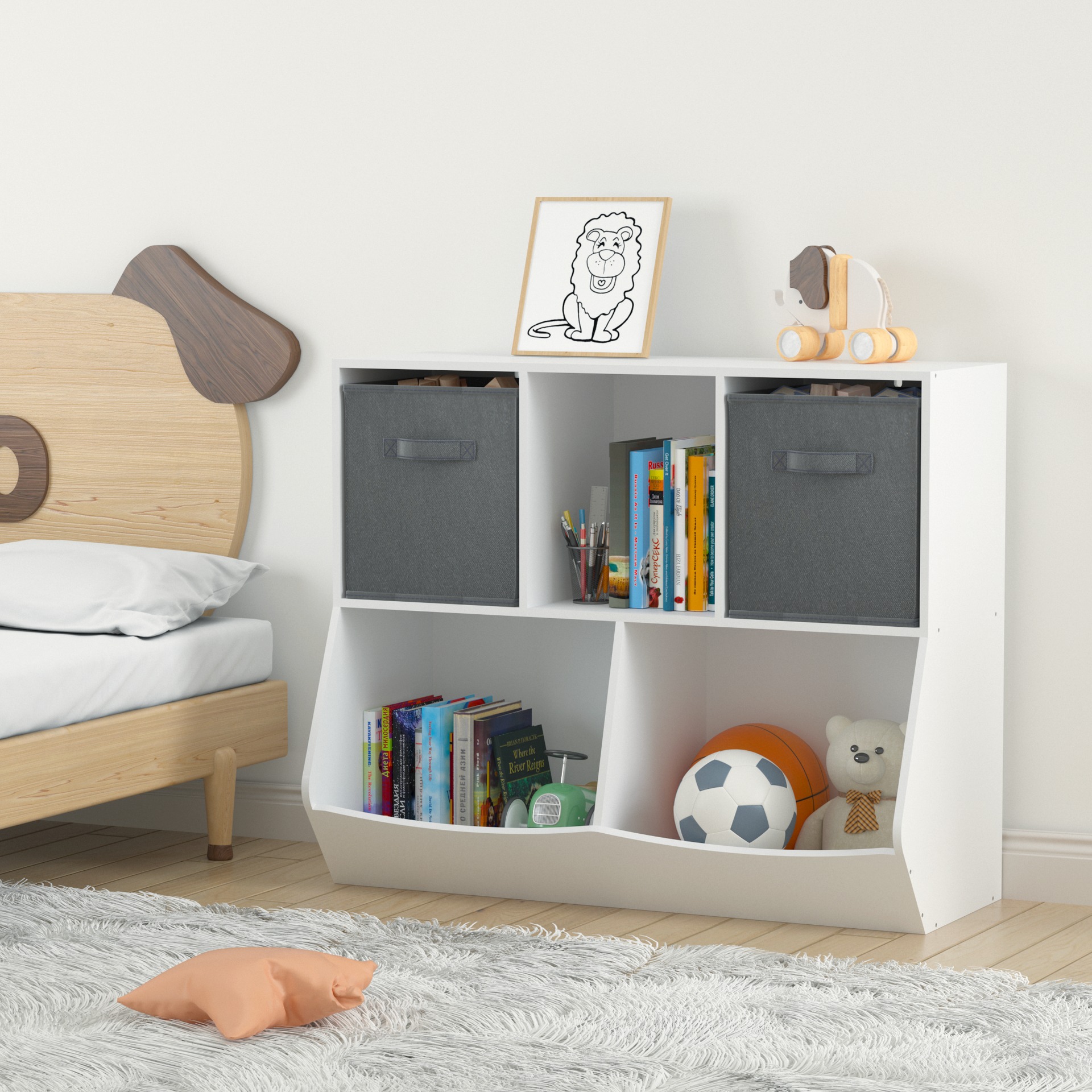 Children's Toy Storage Bookcase with Fabric Drawers