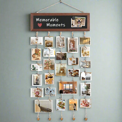 Wooden Hanging Photo Display with 30 Clips and Blackboard