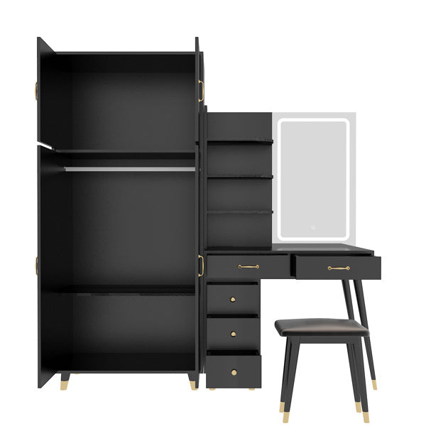 3in1 Makeup Dressing Table, Drawers and Wardrobe Set with LED Mirror, Black