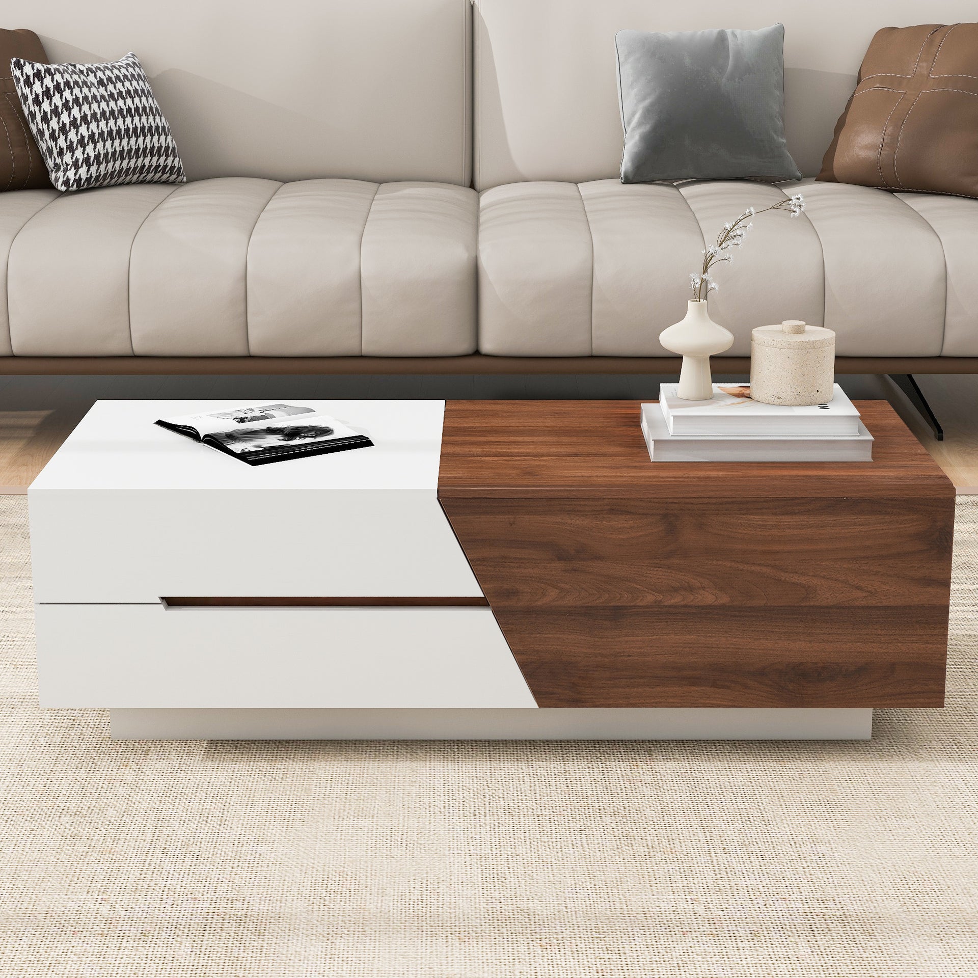 Modern Sliding Top Coffee Table with Storage in White and Walnut