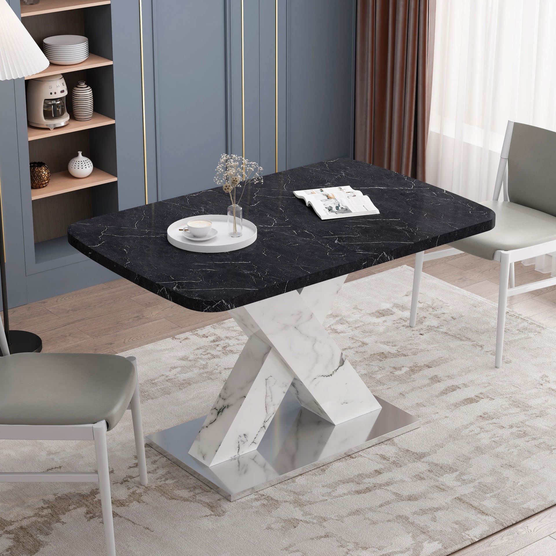 Modern Marble Effect Extendable Dining Table in Black