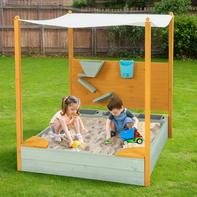 Kids Sandbox with Sand Wall and Removable Canopy