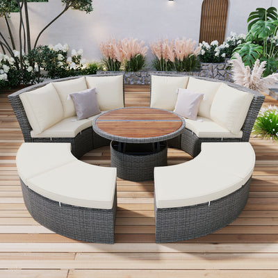 5-Piece Round Rattan Sectional Daybed with Liftable Table