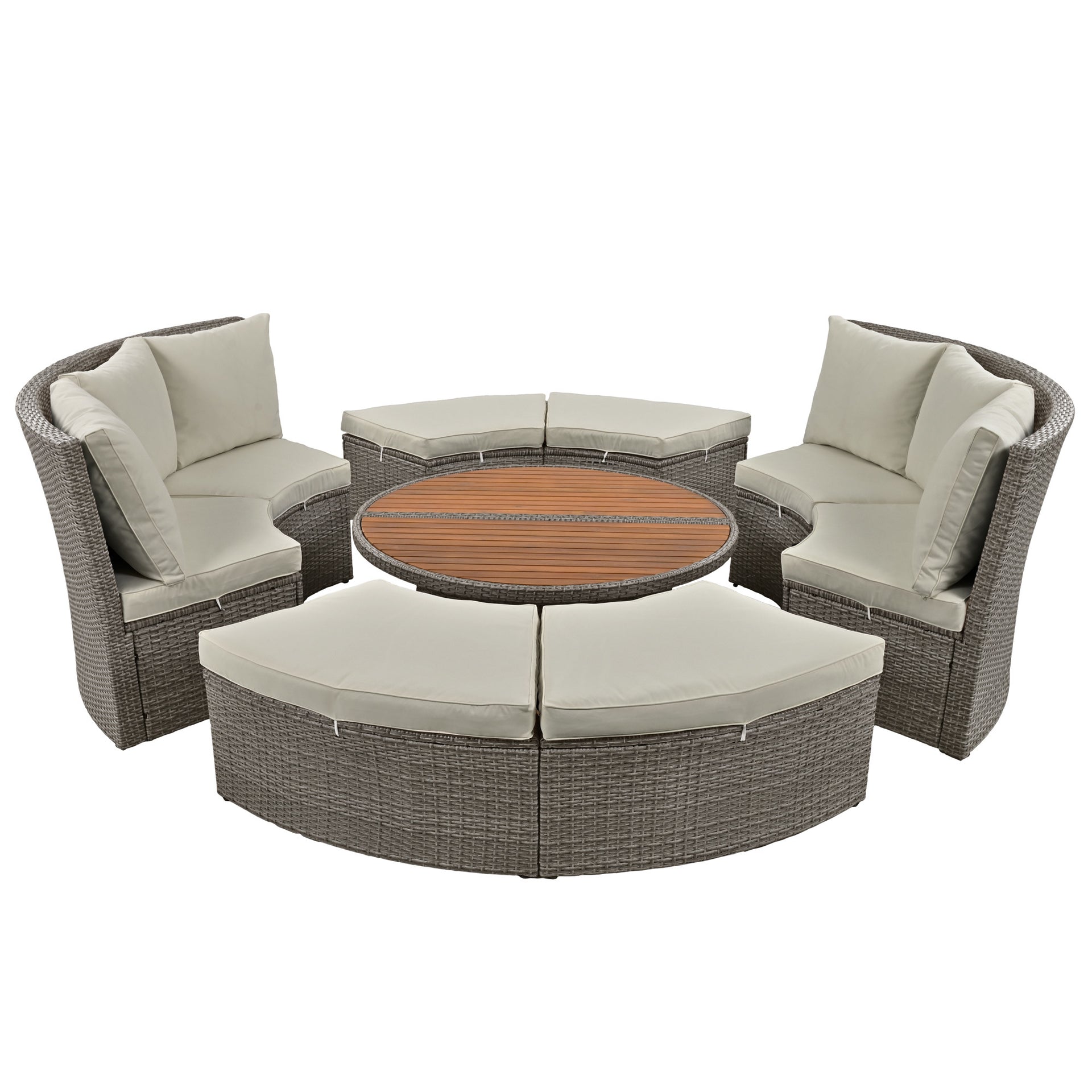 5-Piece Round Rattan Sectional Daybed with Liftable Table