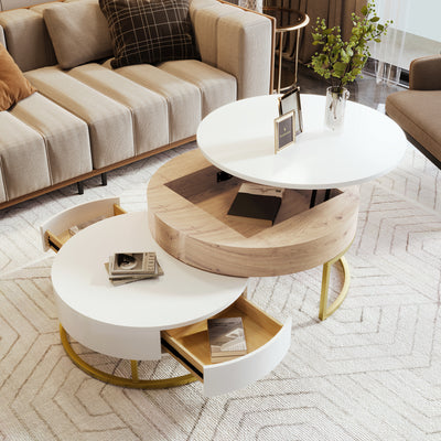 Modern Round Lift-top Nesting Coffee Tables with 2 Drawers, White & Natural