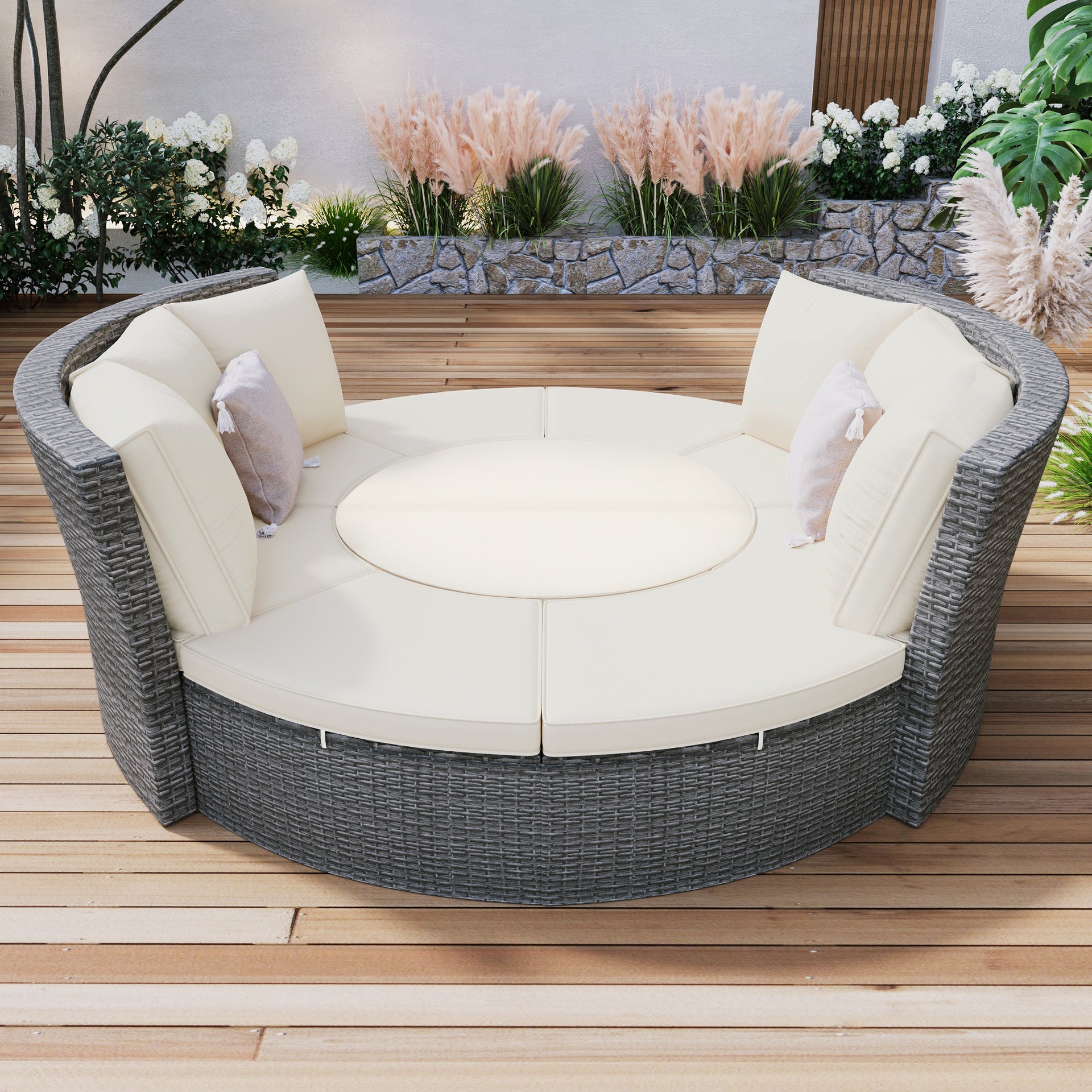 5-Piece Round Rattan Sectional Daybed with Liftable Table