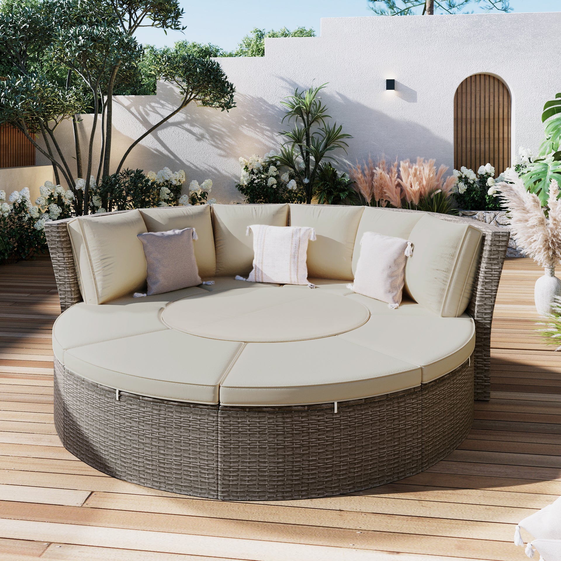 5-Piece Round Rattan Sectional Daybed with Liftable Table