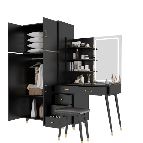 3in1 Makeup Dressing Table, Drawers and Wardrobe Set with LED Mirror, Black