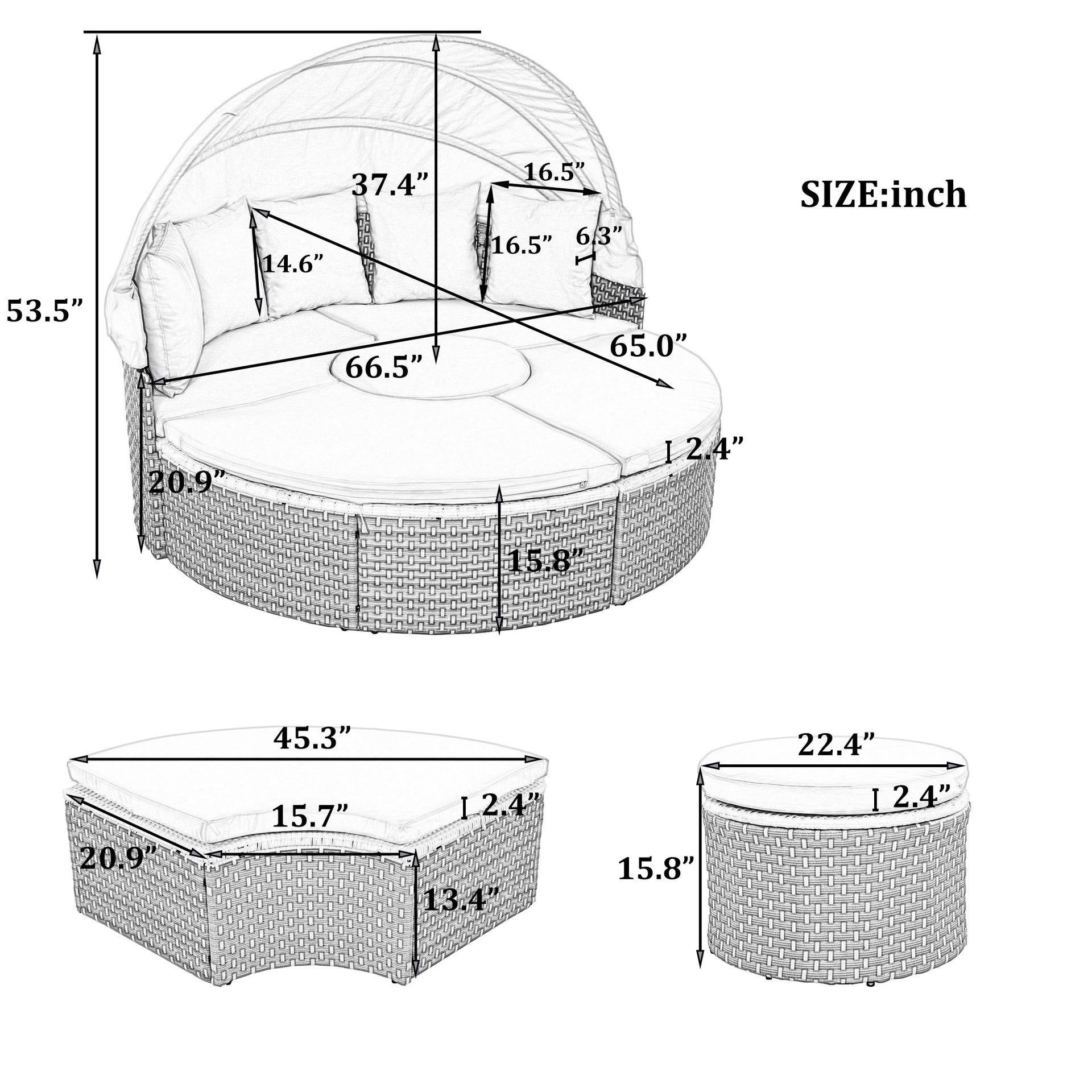 Round Sectional Rattan Daybed with Table and Canopy