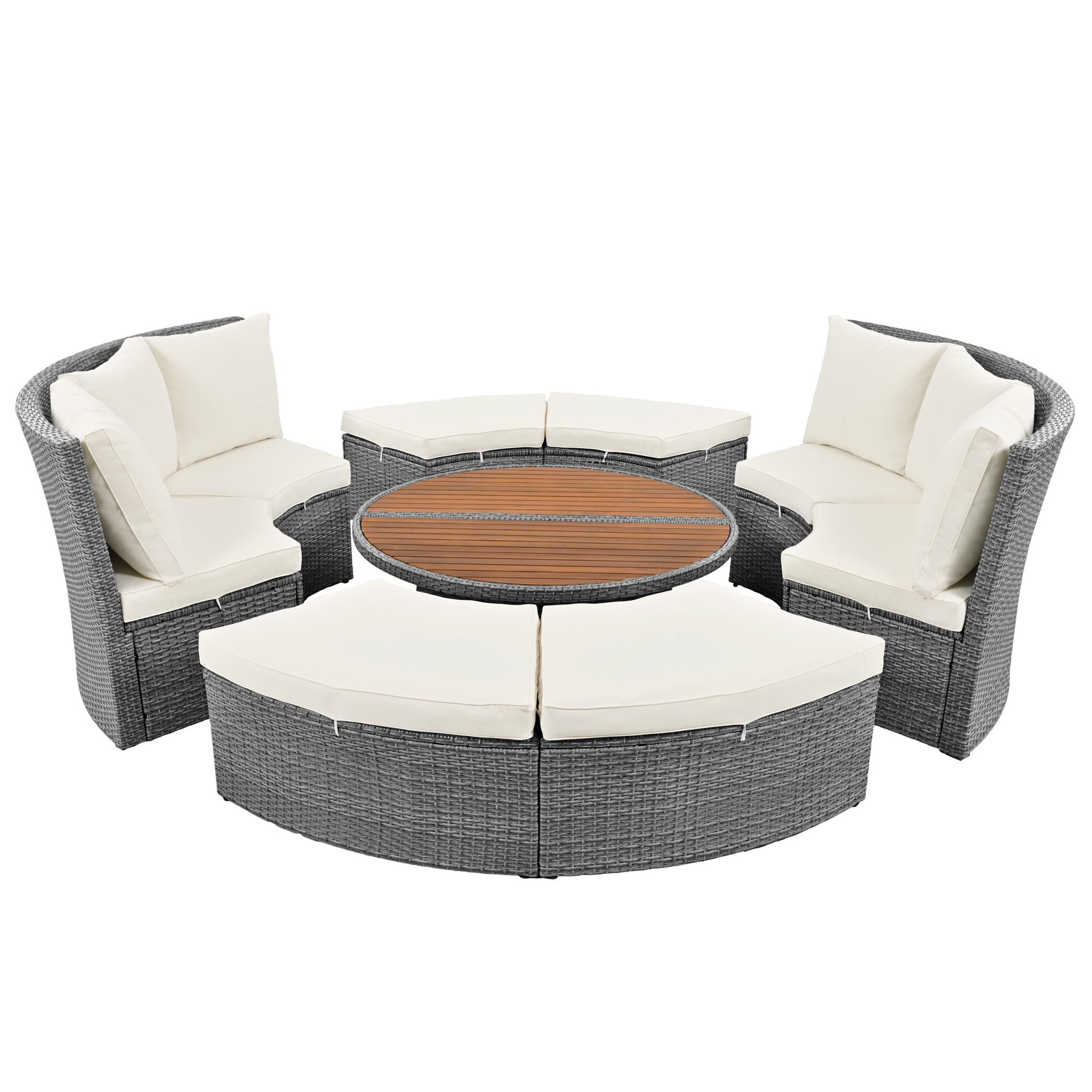 5-Piece Round Rattan Sectional Daybed with Liftable Table