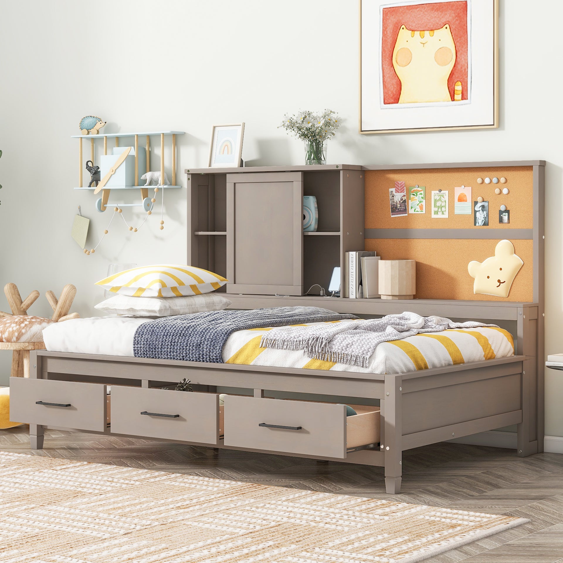 Twin Size Bed with Storage Shelves, Cork Board, USB Ports and 3 Drawers, Antique Gray