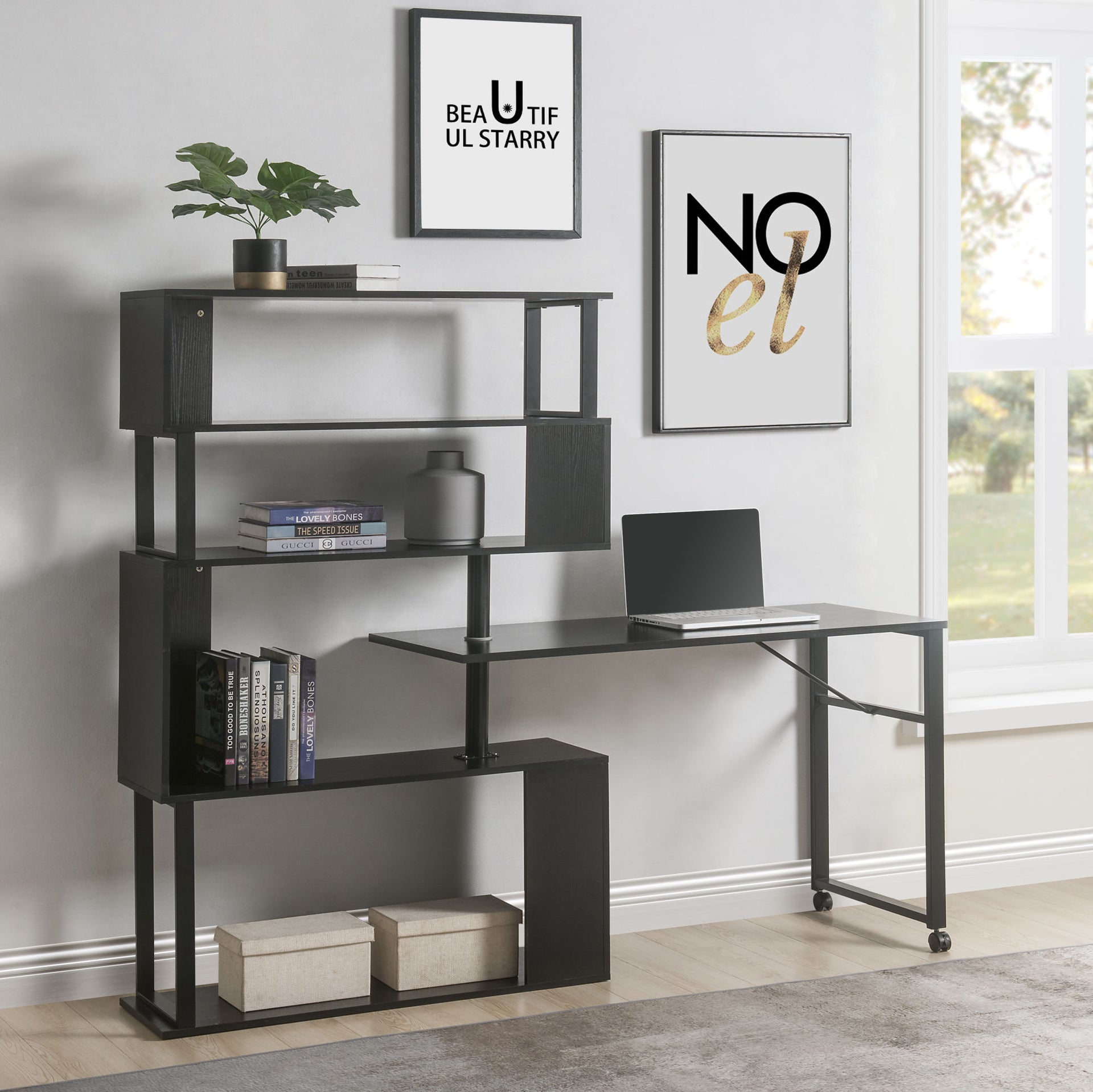 Home Office Rotating Computer Desk with 5-Tier Bookshelf