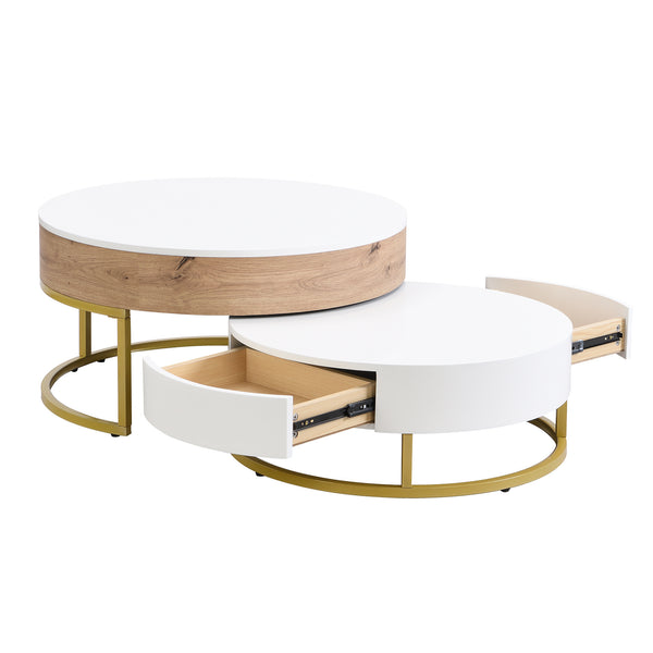 Modern Round Lift-top Nesting Coffee Tables with 2 Drawers, White & Natural