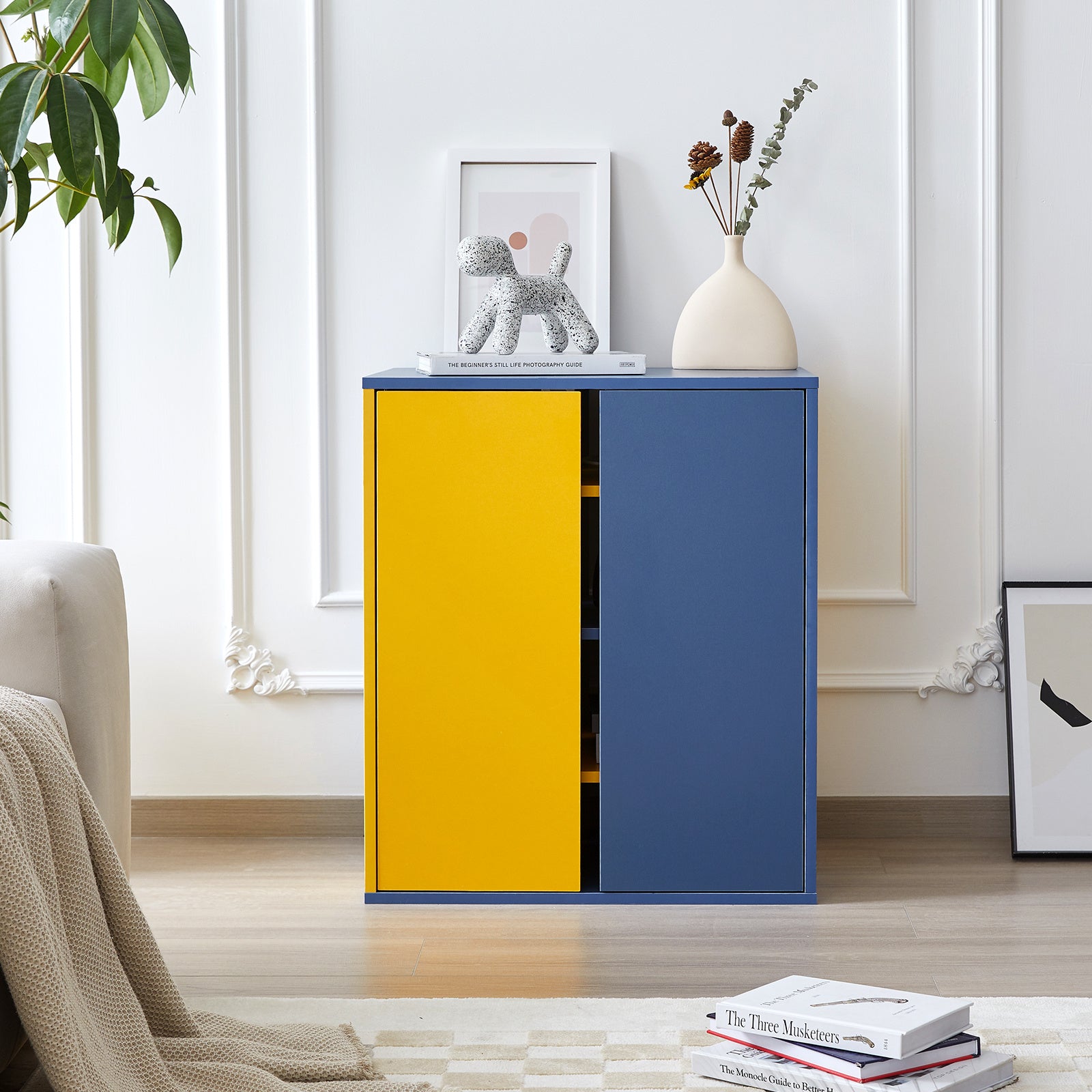 Modern Storage Cabinet with 3 Adjustable Shelves, Yellow and Blue