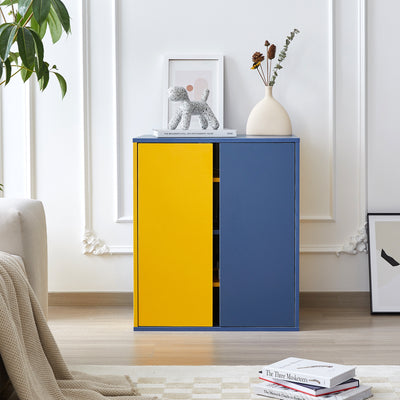 Modern Storage Cabinet with 3 Adjustable Shelves, Yellow and Blue