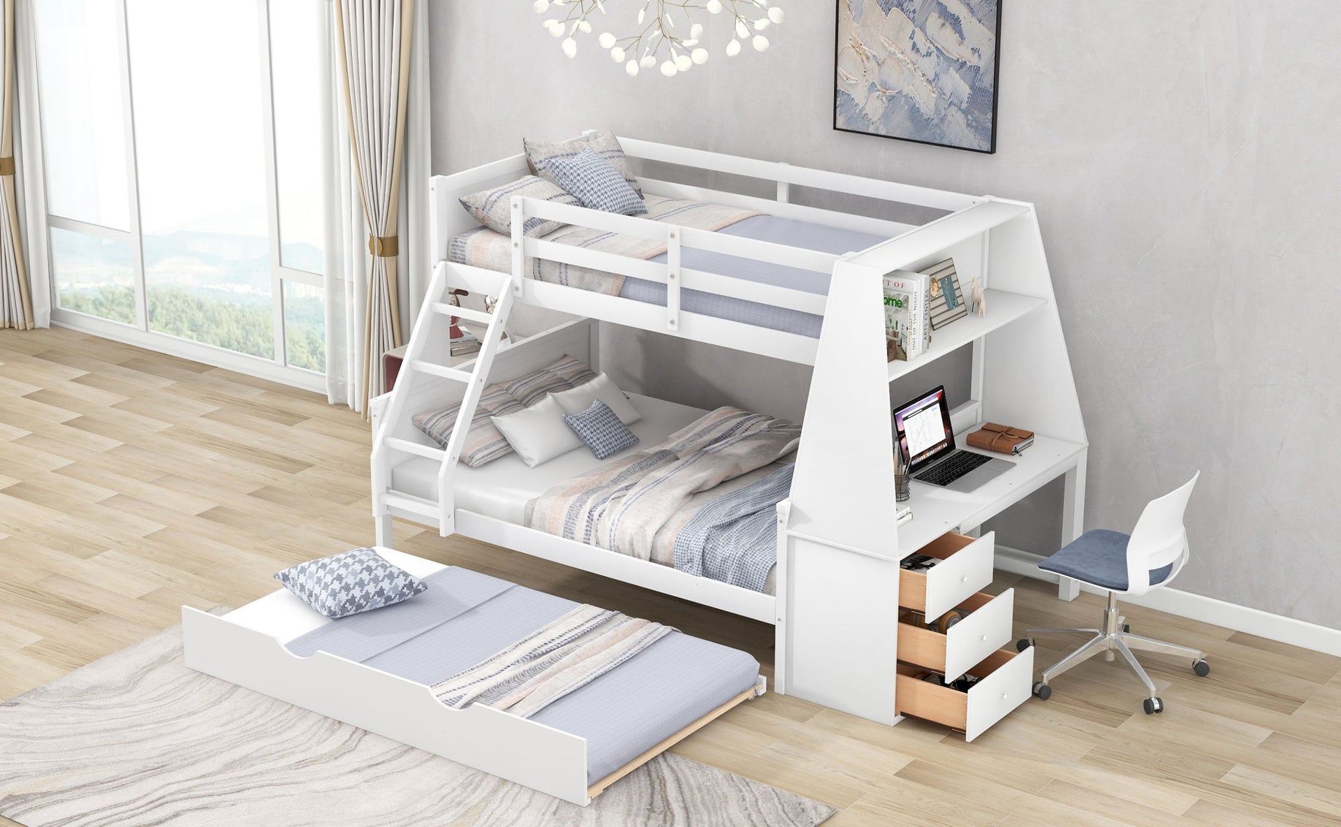 Twin over Full Bunk Bed with Built-in Desk And Trundle