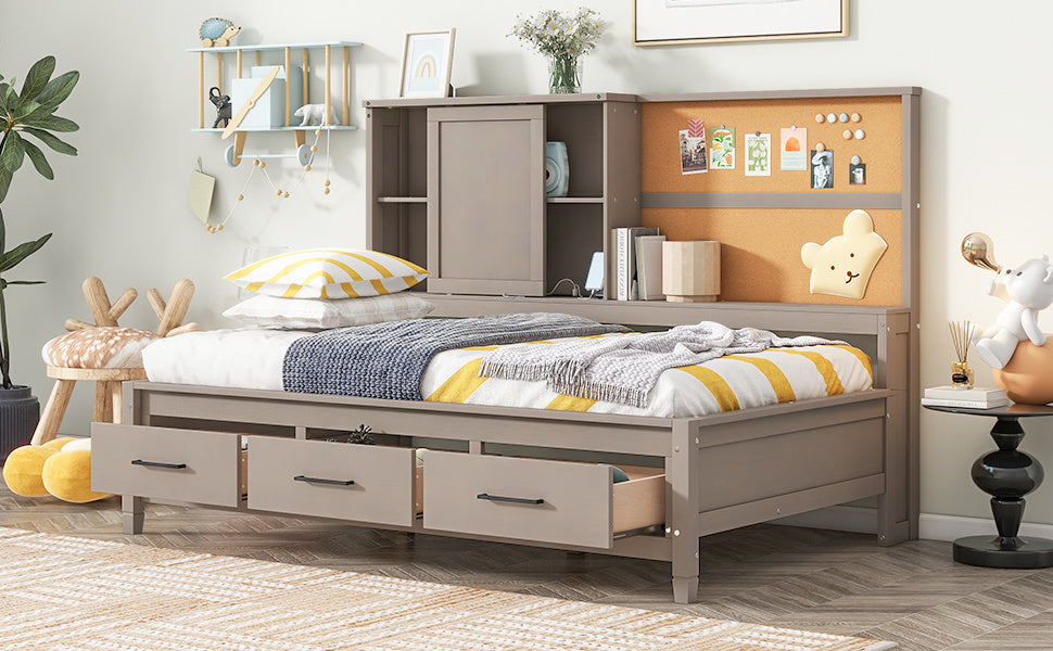 Twin Size Bed with Storage Shelves, Cork Board, USB Ports and 3 Drawers, Antique Gray