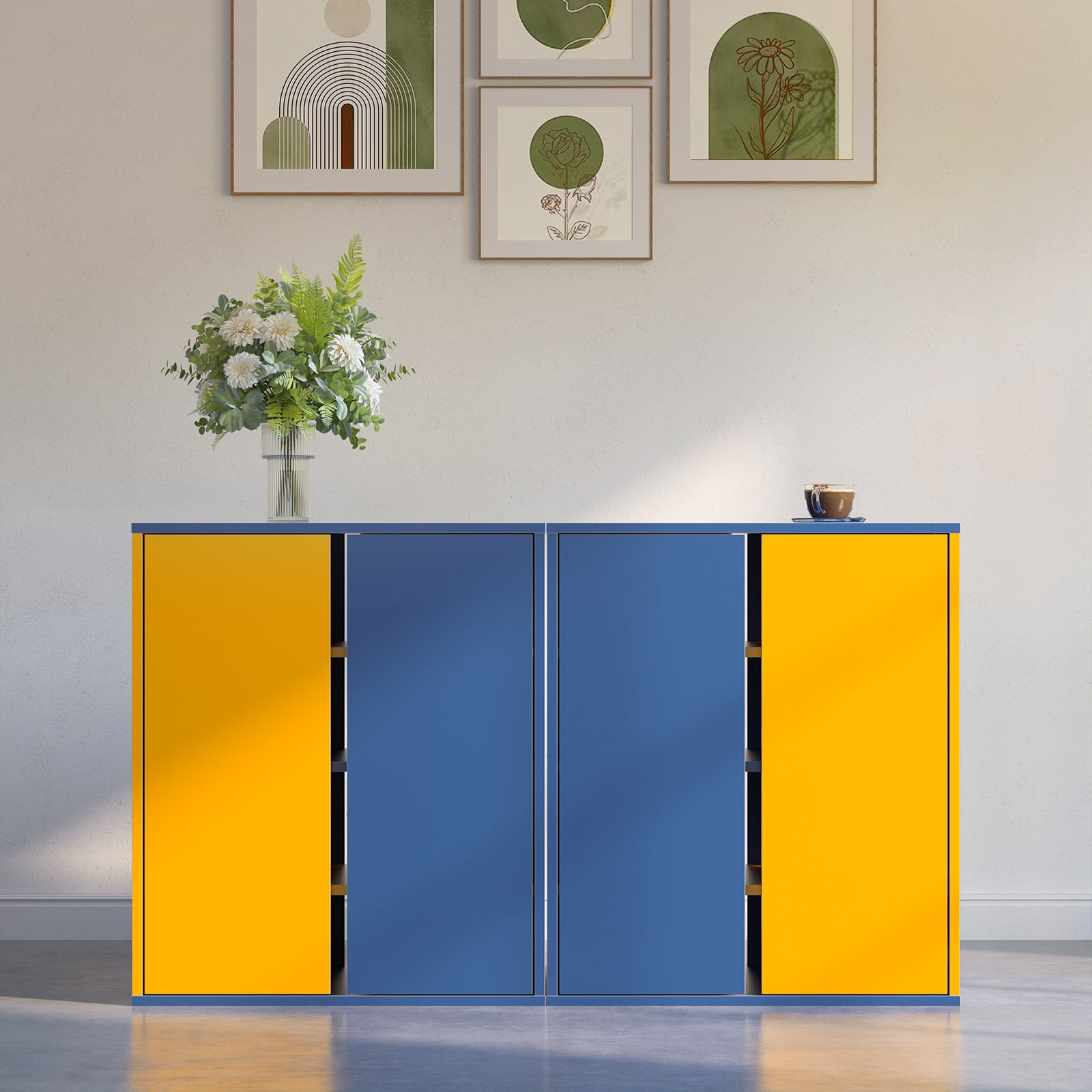 Modern Storage Cabinet with 3 Adjustable Shelves, Yellow and Blue