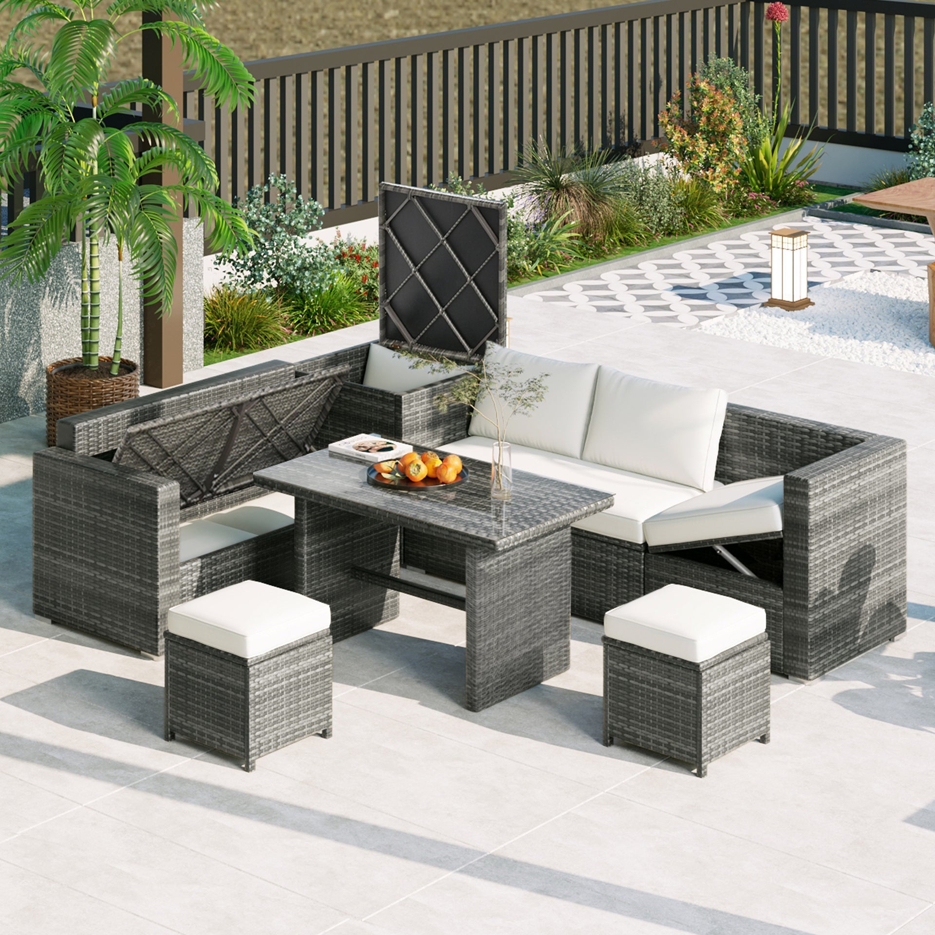 6-Piece Garden Patio Sectional Sofa Set with Storage and Removable Covers