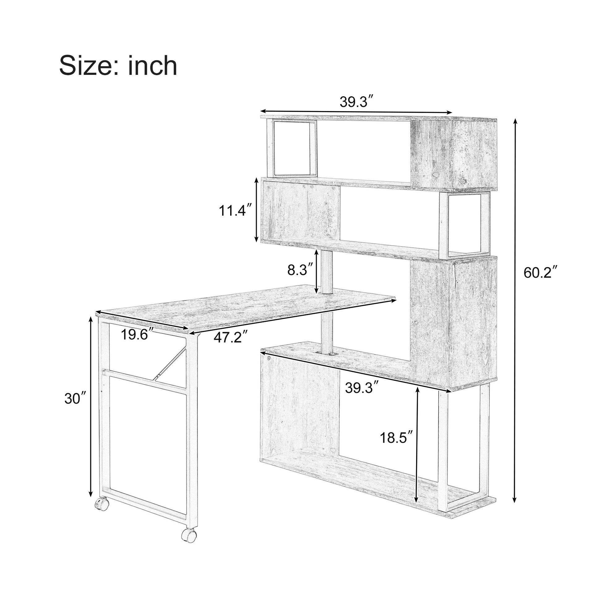 Home Office Rotating Computer Desk with 5-Tier Bookshelf